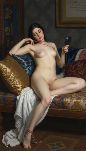 An oil painting in a classical, Symbolist style depicting a reclining nude woman. She is lounging on an ornate bed or sofa with patterned cushions in shades of gold, blue, and brown, with white lace fabric draped underneath. The woman has dark hair and a relaxed, introspective posture, holding a small hand mirror in her right hand and gesturing with her left hand near her head. She wears a thin red ribbon or cord tied around her neck and another around her left ankle. The background features a dark, textured wall with a framed panel containing indistinct text at the top right. Soft, dramatic lighting accentuates the contours of her pale body, with rich textures visible in the fabrics and painterly brushstrokes throughout the composition.