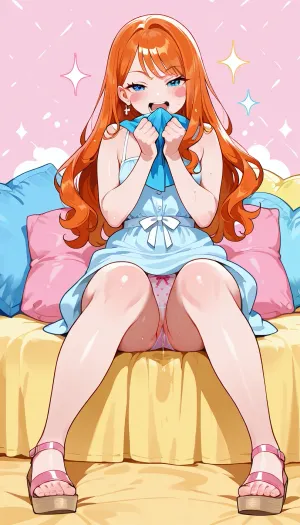 Cute Flat Art, colorful 2D cartoon illustration, bold clean outlines, smooth rounded shapes, flat pastel colors, simple cel shading, glossy stylized hair highlights, one girl, ginger shoulder-length wavy hair, large blue eyes, rosy cheeks, joyful open-mouth smile, looking at the viewer, excited, (bushing:1.7), slightly tilted head, naughty face, dressed like a bitch, slutty panties, she have a dildo in her hand, (plump:.4), wet pussy, full body shot.

pastel lilac background, small white hearts and sparkles, colorful cushions, playful cheerful atmosphere, clean polished cartoon artwork, <lora:flat_cute_sdxl:1.2>