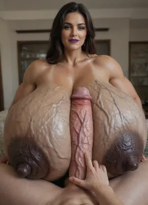 Beautiful 46-year-old milf, ((muscular woman)), (((italian woman))), (((white man))), long messy brown hair, green eyes, dark purple lipstick, ((wife holding husband’s, (super gigantic cock), with one hand)), paizuri, handjob, (urethral fingering), ((((gigantic engorged veiny breasts:2.4)))), ((((long hard dark nipples:1.6)))), pov, ((femdom)), ((cock fingering)), glansjob, (((tanlines)))