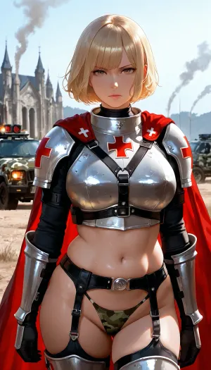 modern day female templar knight, crusader reimagined as elite soldier, tactical combat gear, camouflage thong, very chubby fat figure, short blonde bob haircut, messy wavy hair, red cross symbol integrated into gear, midriff, photorealistic female soldier face, serious expression, cinematic portrait realism, urban battlefield, burning vehicles, ruined church in background, smoke and dust in air, dramatic cinematic lighting, (masterpiece, best quality, ultra-detailed, photorealistic, 8k, RAW photo, HDR, realistic military textures, depth of field, global illumination, cinematic atmosphere, hyper-detailed fabric, leather, and metal)