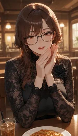 masterpiece, best quality, absurdres, newest, highres, very aesthetic, 1girl, solo, adult, mature female, brown_hair, bangs, straight_hair, medium_hair, black-framed_glasses, glasses, smile, open_mouth, pale_skin, black_lace, lace, long_sleeves, corsage, flower, sitting, clapping, hands_up, upper_body, looking_at_viewer, restaurant, indoor, warm_lighting