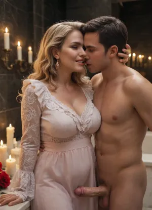 (AAA is chubby wrinkled mature woman:1.1), ((((seducing, teasing)))), (long lace casual dress:1.5), (frills:1.3), long sleeves, voluptuous, perfect teeth, wavy blonde hair, big round earrings, admiring man abdomen and penis., (fit fully naked man abdomen:1.3), erected penis visible, ((man standing next AAA)), (man no face visible), . Modern minimalistic mediterrian bathroom, modern bathtub, towels, flowers, (((lots of candles))), nighttime, ((((dim lighting)))), ., ((AAA gentle kiss man abdomen)), (((AAA hold fit man penis))), . Close-up on penis, focus on erected penis