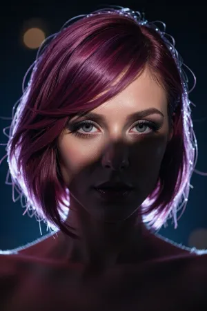 avant-garde face portrait shot straight-on, voluminous jaw length hair styled in a sleek asymmetric swept-back look and dyed a rich magenta into violet gradient, large expressive eyes with a sensual gaze, backlit hair glow lighting obscuring her pretty face in sultry shadow, deep saturation, shadowy vignetting, light leaks, film grain, bokeh, night