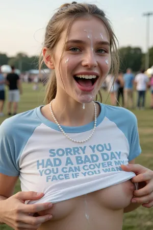 A candid, medium close-up photograph of a young tall skinny woman with fair skin and blonde hair pulled back in a messy ponytail, with loose strands framing her face. She is laughing heartily with her eyes wide open and mouth open, displaying a joyful, genuine expression. She wears a white raglan t-shirt with light blue sleeves and a single-strand pearl necklace. The shirt features bold, light blue text reading "SORRY YOU HAD A BAD DAY YOU CAN COVER MY FACE IF YOU WANT." Two hands from the off are lifting the bottom hem of the shirt, groping her small breasts and twisting her nipples. a lot of cum dripping from her forehead and nose and lips and cheeks, one eye filled with cum, The background is a soft-focus outdoor scene, likely a grassy field at a festival or park, with blurred figures of people standing in the distance. The lighting is natural daylight, creating soft shadows and highlighting her facial features. The photography style is realistic and documentary-like, with a shallow depth of field that keeps the subject sharp while blurring the busy background.