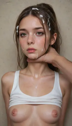 1girl, long hair, breasts, blush, small round breasts, tiny hard nipples, tiny areolas, brown hair, 1boy, closed mouth, bare shoulders, brown eyes, nipples, collarbone, upper body, ponytail, hetero, solo focus, clothes lift, looking to the side, lips, pov, nose blush, shirt lift, grabbing, arms tied behind her back, whip marks on tits, wet skin, tank top, grabbing her throat, freckles, (sad), (depressed), abused, ((crying)), (ruined makeup), tears, out of frame, nose, rough groping, (squeezing neck hard), choking, pov hands, against wall, deep skin, ribbed white tank top, firm breasts, (cum on face:1.8), (cum in hair:2), (long cum drips on chin)