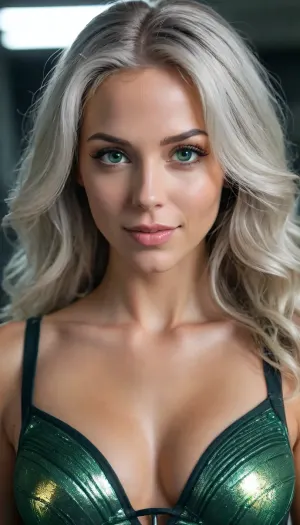 black cybernetical fbody, golden cybernetical elements skin, shimmering green eyes, athletic, cleavage, abs, devious smile, long wavy floating silver hair, research laboratory