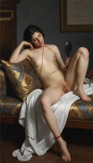 An oil painting in a classical, Symbolist style depicting a reclining nude woman. She is lounging on an ornate bed or sofa with patterned cushions in shades of gold, blue, and brown, with white lace fabric draped underneath. The woman has dark hair and a relaxed, introspective posture, holding a small hand mirror in her right hand and gesturing with her left hand near her head. She wears a thin red ribbon or cord tied around her neck and another around her left ankle. The background features a dark, textured wall with a framed panel containing indistinct text at the top right. Soft, dramatic lighting accentuates the contours of her pale body, with rich textures visible in the fabrics and painterly brushstrokes throughout the composition.
