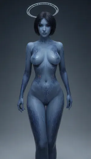 (Cortana:2), halo 4, (hologram:1.25), (transparent holographic woman:1.25), (Cortana from halo:2), (transparent skin:1.25), blue skin, digital veins, (translucent body:1.25), Blue face, dark blue hair, (spectral:1.25), glowing veins, see through her, dark blue digital patterns, athletic, healthy weight, (she's transparent:1.25), (she's a hologram:1.25), holograph, sci-fi, science fiction, halo, (holographic woman:1.25), sci-fi architecture, hologram display, hologram projector, hologram emitter, console, holographic keypad, bright glowing veins, pulsing patterns, rampancy, ai, sentient ai, scifi, symmetrical tattoos, symmetrical patterns