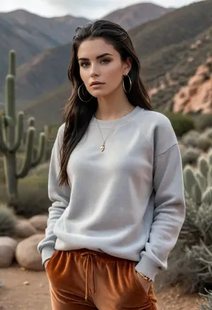 (masterpiece, best quality:1.2), 1 Colombian 25yo woman, latin beauty, fashion influencer, (she wears a grey and dark apricot sweatshirt and dark apricot velvet sweat pants, high sneakers:1.4), she is hiking outdoors in the sierra, landscape with cacti, long slicked-back black hair, (modern styled with jewelry, earrings, bangles:1.4), brown eyes, photorealism, <lora:style_lora_realis:.5>, <lora:slicked-back_hair-000006:.5>