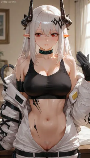 high quality semi-realistic anime render, 1girl, solo, flat tiny breasts, beauty girl, pubic hair, clitoris, she stay in fashion model pose, cozy girl bedroom.

a beautiful character with balanced proportions and well-made, Mudrock from Arknights, she has red eyes, long white hair, horns, pointy ears, medium breasts, and oripathy lesions. Wearing open white jacket, a black sports bra crop top with sarashi, black gloves, black choker, open white jumpsuit, the character has an hourglass figure with narrow waist and large hips, long hair, messy hair, hime cut, crossed bangs, the character is hot, flushed face, sweat on skin, fanning the body, the character is making eye contact
