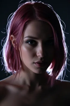 Close-up straight-on night portrait of a pretty woman with high cheekbones and a petite pointed chin. She has a jaw-length magenta-to-violet gradient bob, styled in an asymmetric swept-back wave with one side sleekly tucked behind her ear. Purely backlit silhouette lighting, a bright rim light glows through the edges of her hair, casting her entire face into deep, dark shadow. Large sensual eyes in razor-sharp focus peer through the darkness with dark limbal rings and subtle dim catchlights. Deep saturation, heavy vignette, soft bokeh, 35mm film grain.