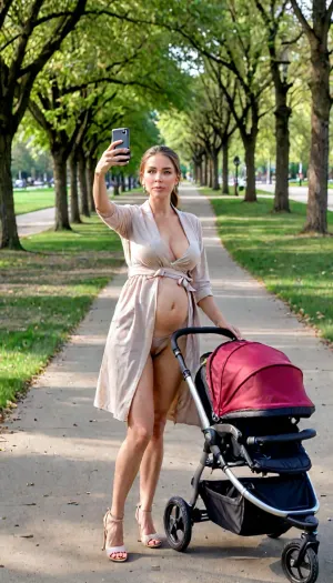 A young nude woomen European-looking mother in high heels and an open robe—her hair in a ponytail, with large, sagging breasts and a poorly shaved pubic area—walks briskly through a park pushing a bab stroller. She is taking a selfie with one hand while pushing the stroller with the other. Wide shot., (walking with a bab stroller), (holding a phone and taking a selfie with one hand, holding the stroller with the other), (walking with a детской stroller), <lora:sunlight_str1-SDXL_v1-dim64-steps1691:2>, <lora:crying:.3>, <lora:LCMTurboMix_Euler_A_fix:2>