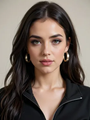 Ultra-photorealistic head-and-shoulders portrait of the same young adult woman as the reference image. Preserve her exact facial identity, face shape, feature placement, and natural proportions. Light neutral-warm ivory skin, softly elongated oval face, refined cheekbones, slim gently tapered jawline, delicate rounded chin, straight narrow nose with a softly rounded tip, naturally full rosy-pink glossy lips with a defined Cupid's bow and a subtle closed-mouth smile. Almond-shaped hazel-green eyes with muted olive and grey-green tones, dark limbal rings, thick dark brown natural eyebrows, precise black winged eyeliner, long separated lifted upper lashes, subtle taupe eyeshadow. Very long, dense dark chocolate-brown hair with a precise middle part, smooth dark roots, loose natural waves, soft chestnut reflections, and fine flyaway strands. Medium chunky polished champagne-gold hoop earrings. Minimal matte black zip-front top with a slightly raised collar and an open V-shaped neckline. Direct eye contact, calm confident expression, head upright, shoulders relaxed, symmetrical frontal composition. Plain warm off-white and light-grey studio wall, soft diffuse frontal daylight, gentle natural shadows, realistic skin pores, fine facial texture, accurate anatomy, authentic optical rendering, full-frame camera, 85 mm portrait lens, eye-level viewpoint, crisp eyes and eyelashes, realistic hair strands, high dynamic range without artificial HDR, professional natural-glam beauty photography, lifelike colors, exceptionally realistic photograph, no beauty filter, no CGI, no plastic skin. Use the uploaded image as the primary identity reference and preserve the original facial geometry.