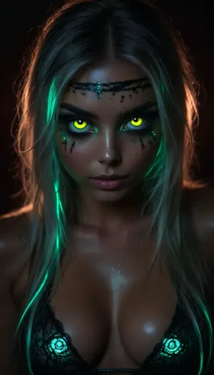 (extremely feminine robot, gorgeous cutie cyborg), (((incredibly young robotic hottie is mind controlled, extremely horny))), neon green, black light, phosphorescent, (hair half up half down), (((neon lace))), (detailed face and eyes), (((mind controlled obsessed wild glowing eyes:1.8))), (freckles), (dynamic light), (very sweaty incredibly tattooed metallic body), ((wearing a mind control headband over her hair and forehead:1.3)), (centered), (max detail), 32k, (34dd cleavage), ((perfect)), (((underground rave club))), secret, cyberpunk dance music, ((disco lights)), ((incredibly gigantic breast implants)), ((extreme breast expansion)), ((glistening wet tattooed skin)), ((robotic arms)), ambiance, facing camera, ((exhausted mind controlled android slut looking submissive at viewer)), front view, full body, symmetrical, ((younger cuter:1.7)), but, <lora:attractive_notrigger:1.8>, <lora:BUT_SDXL_SHS:1.2>, <lora:Vivid Midjourney mimic - XL SDXL v2.0:1.2>, <lora:RMSDXL_Enhance:2>, <lora:dark:2>