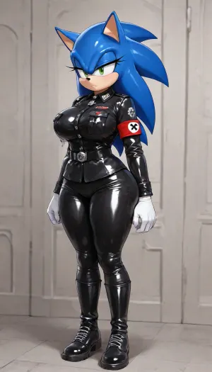 (Genderbent Sonic the Hedgehog:1.6), adult female Sonic, anthropomorphic hedgehog with vibrant cobalt-blue fur, long flowing blue quills, bright emerald-green eyes, soft peach-colored muzzle/chest/inner ears, large perky breasts covered in peach fur, narrow athletic waist, wide hips, thick toned thighs, firm round ass, white gloves, red-and-white sneakers, wearing, (full black leather Nazi uniform with red armband:1.5), form-fitting black leather tunic and trousers, high stiff collar with rank tabs, polished black leather belt and cross-strap, tall black leather boots, iconic bright red armband with white circle and black swastika on the left upper arm, glossy leather texture that catches the light and clings tightly to the body