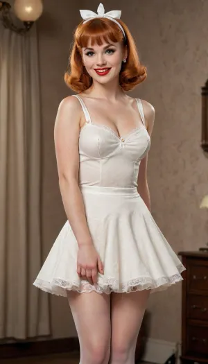 best quality, ultra-detailed, masterpiece, finely detail, highres, caucasian redhead woman, smile, 1960s, straight cut bangs, 1960s pinup model, happy woman, 50s photorealistic, realistic photo, Pinup, very happy, Pin up style, very realistic woman, full body visible, slim Woman, 40 years old, beautiful pin up style, white stocking, retro lingerie, perfect lighting, retro style, professional modelshoot style 8k high definition, vintagemuse, vim1, circle dress, <lora:vintagemuse:1.1>, loasha, looking, ashamed, with, hands, on, face, <lora:LookingAshamed.1.0:.8>
