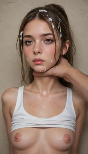 1girl, long hair, breasts, blush, small round breasts, tiny hard nipples, tiny areolas, brown hair, 1boy, closed mouth, bare shoulders, brown eyes, nipples, collarbone, upper body, ponytail, hetero, solo focus, clothes lift, looking to the side, lips, pov, nose blush, shirt lift, grabbing, arms tied behind her back, whip marks on tits, wet skin, tank top, grabbing her throat, freckles, (sad), (depressed), abused, ((crying)), (ruined makeup), tears, out of frame, nose, rough groping, (squeezing neck hard), choking, pov hands, against wall, deep skin, ribbed white tank top, firm breasts, (cum on face:1.8), (cum in hair:2), (long cum drips on chin)