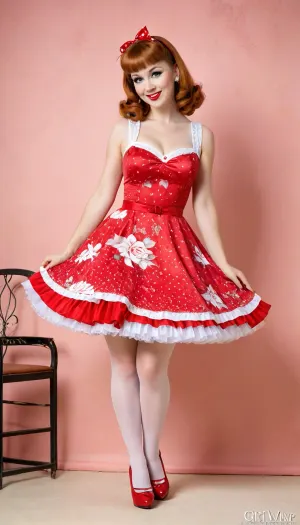 best quality, ultra-detailed, masterpiece, finely detail, highres, caucasian redhead woman, smile, 1960s, red dress, straight cut bangs, 1960s pinup model, happy woman, 50s photorealistic, realistic photo, Pinup, very happy, Pin up style, very realistic woman, full body visible, slim Woman, 40 years old, beautiful pin up style dress, beautiful pin up style, white stocking, retro lingerie, perfect lighting, retro style, professional modelshoot style 8k high definition, vintagemuse, vim1, circle dress, sweetegl, sweetop, swe3tjsk, bl0use, all, fours, arching4s, <lora:vintagemuse:1.6>, <lora:8fcf1204-8988-4a6b-81d6-6595f4184458.TA_trained:1.7>, <lora:SweetLolitaXLv4.23:1.3>, <lora:arching4s:1.6>