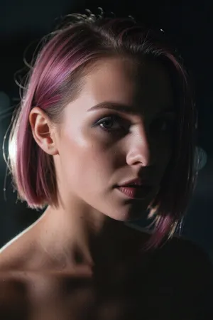 Dark, softly backlit close-up night portrait of a woman with her face entirely in shadow, obscured by the natural dark. A warm rim light from behind glows through the translucent tips of her jaw-length magenta-to-violet gradient bob, styled in a deep side part with one side slicked tightly behind her ear. She has delicate hyper-feminine features, sculpted high cheekbones, a tapered jawline, petite pointed chin, small upturned nose, and plush lips. Her large, sultry eyes are in crisp focus, peering out from the deep, low-key shadows. Shot at night with vintage 35mm film grain, soft optical bloom, deep color saturation, and heavy natural vignetting.