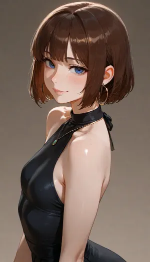 masterpiece, best quality, absurdres, newest, highres, very aesthetic, 1girl, solo, mature female, adult, short_hair, bob_cut, brown_hair, straight_hair, blue_eyes, pale_skin, freckles, slender, slim, small_breasts, flat_chest, narrow_hips, small_ass, thin, black_top, halterneck, necklace, hoop_earrings, looking_at_viewer, smile, upper_body, simple_background, soft_lighting, detailed_face, detailed_eyes