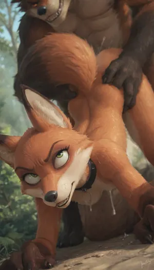 (Jack Cayless art style), gangbang, (furry fox:1.9), Tiny fit, ((tiny furry fox with fluffy tail:1.3)), (wide steel collar+strap), from her fox's elongated muzzle, ears pressed against the head, the limbs are covered with black fur, (small gorgeous natural breasts:.7), long digitigrade animal feet, fucked from behind by Tall thin big black werewolf, prone bone anal sex, (her face low down:1.3), In the bushes, (orgasm angry choke face:1.3), (a below view from a distance:1.5), (hyper werewolf dick half way in ass:1.15), (sculpted relief athletic pelvis), (grab her pelvic bones with both hands), side view, fluffy fur, masterpiece., sfb, <lora:sfb_v3:.3>, <lora:Nick_Wilde_for_SDXL:.3>