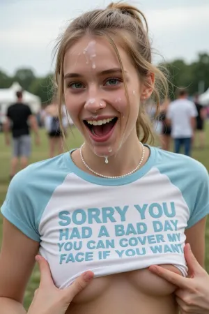 A candid, medium close-up photograph of a young tall skinny woman with fair skin and blonde hair pulled back in a messy ponytail, with loose strands framing her face. She is laughing heartily with her eyes wide open and mouth open, displaying a joyful, genuine expression. She wears a white raglan t-shirt with light blue sleeves and a single-strand pearl necklace. The shirt features bold, light blue text reading "SORRY YOU HAD A BAD DAY YOU CAN COVER MY FACE IF YOU WANT." Two hands from the off are lifting the bottom hem of the shirt, groping her small breasts and twisting her nipples. a lot of cum dripping from her forehead and nose and lips and cheeks, one eye filled with cum, The background is a soft-focus outdoor scene, likely a grassy field at a festival or park, with blurred figures of people standing in the distance. The lighting is natural daylight, creating soft shadows and highlighting her facial features. The photography style is realistic and documentary-like, with a shallow depth of field that keeps the subject sharp while blurring the busy background.