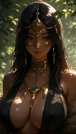 female shaman, tan skin, black long hair, semi-covered mask, fur and leaves cope, dappled light, dappled sunlight, <lora:MJ52:.8>, <lora:attractive_notrigger:.8>, <lora:BUT_SDXL_SHS:.8>, <lora:Jeweled eyes-NAI:1.2>, <lora:dark:.2>