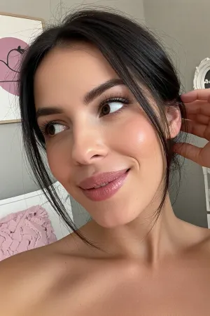 an intimate closeup portrait of a sultry milf posing sensually in her cozy bedroom with minimalist feminine decor, huge expressive eyes in a coy flirty side-eye glance, she has soft dark brunette in a casual messy low updo, she flashes a bashful lopsided grin and blushes prettily, her luscious oval lips have soft pillowy creases, the aesthetic is a showcase of amateur girl-next-door appearance creating striking non-conventional beauty, she reaches up to coyly tuck stray strands of hair behind her ear