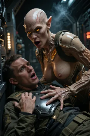 A photorealistic, cinematic scene inside a half-destroyed spaceship that has arrived from another galaxy. In a cramped metal corridor with emergency lighting and billowing steam, an energy vampire from another galaxy attacks a member of the Earthling research team.
The alien is a bald humanoid woman with prominent veins on her bald head, pointed ears, glowing bright-yellow eyes, and an aggressively open mouth. Her skin is glossy and damp, She wears a biomechanical suit with lattice-like structures and glowing orange implants, leaving her chest exposed. She looms over the man, her long-fingered hand with glossy skin rests firmly on his chest armor plate, sucking out his life energy.
The Earthling—a young man in an olive-green tactical uniform with an armored chest plate—lies on the floor, his head thrown back, his mouth wide open in a scream of pain, his expression one of shock and horror at the unexpected attack. Atmosphere, cold metal panels, flashing orange and white emergency lights, wisps of steam, dramatic three-dimensional lighting, strong contrast, a sense of danger and horror. Ultra-detailed rendering of skin, metal, the structures of the alien’s biomechanical armor, and facial expressions. Cinematic angle, tense dynamics, sci-fi horror, masterful quality.