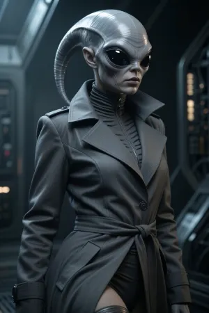 An alien girl from another galaxy, with matte gray skin and a fine texture, an elongated bald head that tapers from the back of the head into a tail-like protrusion curving backward and downward, large black almond-shaped eyes without whites or pupils, small ears, a small, narrow nose, thin, closed lips, and a calm facial expression. She is wearing a dark gray textured trench coat with wide lapels, epaulets on the shoulders, and a belt tied in a knot at the waist, it is open in the front, revealing a high, tight, ribbed collar of a form-fitting bodysuit with a zipper. She is shown in a three-quarter shot within the dark, futuristic interior of a spaceship—metal walls, control panels with indicators, staircases, and corridors in the background, with dim spot lighting. Dramatic low-key lighting, soft highlights on her head and the coat’s fabric, deep shadows, ultra-detailed textures of skin, fabric, and metal—photorealistic and cinematic.