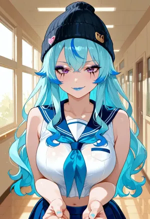 A highly detailed anime-style digital illustration of a confident young woman with vibrant blue hair featuring turquoise highlights, styled in loose, wavy locks that fall over her shoulders. She has a playful expression with a slight smirk, showcasing her expressive, dark eye makeup and bold blue lipstick. She is wearing a black beanie with patches, a white chemisette draped over her shoulders, and a blue pleated skirt. She is holding the open chemisette with both hands, revealing her breast and midriff. The background shows the school hallway and the atmosphere is a warmly lit room with large windows. The illustration is highly realistic with smooth shading, detailed hair.