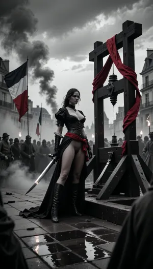 A cinematic historical scene set during the French Revolution at an execution square. A powerful, seductive female figure stands near a guillotine on a Paris square, confident and unbroken, her posture calm and defiant. Crowd silhouettes fade into mist, revolutionary banners and tricolor flags torn by wind. The scene is rendered mostly in black and white, with a single strong color contrast, deep crimson accents on the ribbon, flag details, and subtle reflections on the blade. Dramatic overcast sky, heavy clouds, smoke and dust in the air, torchlight flickering. High contrast chiaroscuro lighting, minimalist palette, strong symbolism, epic composition, cinematic depth, ultra-realistic textures, sharp focus, prestige historical mood, 4K quality.