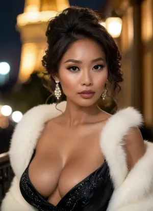(Realistic), (Pro quality), (big tits), hyper busty, hyper buxom, hyper mega macromastia, protruding massive bosoms, statuesque black skinned asian woman in a flowing luxurious black silk ballgown with shimmering details, draped in a lavish white fur jacket. Off the shoulder, ((asian hair)), Massive cleavage, super mega massive roundtits, big expressive eyes, soft curls frame her mature face, adorned with pearls and vintage earrings. golden age cinema style, nighttime Parisian cityscape, glowing clock tower balcony under the stars. she leans against the balcony railing, city lights glimmering below, dramatic moonlight highlights her immense figure, cinematic noir elegance. Close up portrait, Side view, focus on eyes, focus on breasts, (High, Resolution), (More, Details), (8K), detailxl, <lora:add-detail-xl:1.5>, <lora:style_lora_realis:.5>, <lora:checkpoint-e100_s400:1.3>, <lora:eGirls_XL_v1:.7>