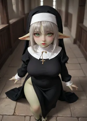 shortstack female goblin, soft platinum hair styled in a messy bob, shimmering gold eyes, pale green skin, high angle view, sexy black and white nun catholic dress, ((sexy black and white priestess dress)), black short dress, wide-hips, goblin ears, goblin pale-green color skin, big breast, thigh thick, StackedShortstack, punishnun, <lora:Stacked_Shortstacks_-_SDXL-000009:2>, <lora:punishnun_XL_reg1_-000003:1.5>