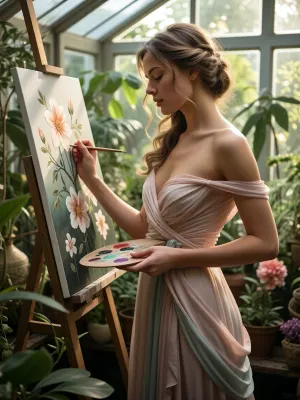 A masterpiece—a cinematic picture with many details in 8K image quality, A beautiful woman embodying timeless elegance is painting a flower inside a lush greenhouse filled with vibrant greenery and delicate flowering plants. She is dressed in an elegant, flowing pastel-colored dress that drapes softly around her slender figure, exuding serenity and artistry. Her hair is styled in loose, romantic waves, framing her gentle, She carefully paints detailed flowers onto her canvas — her eyes closed in concentration — to capture the beauty of the flower. The woman's posture is poised yet natural, with one hand she hold a painting color palette while the other holds a fine brush, capturing the fine details of the blooming flower. The greenhouse is bathed in warm, dappled sunlight filtering through glass panels, creating a dreamy, luminous atmosphere. Surrounding her, various exotic plants and vibrant blossoms add rich textures and color contrasts, enhancing the scene’s lush, nurturing environment. The composition is a balanced close-up view that highlights the woman's artistic aura and the beauty of her gentle movements. The scene radiates tranquility, inspiration, and harmony with nature, styled in a romantic, impressionistic manner with soft lighting that emphasizes the delicate beauty and serenity of the moment.