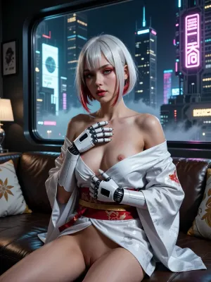 Cyberpunk, beautiful woman with a robotic hands, human looking robotic hands, bob style hair, white hair with red tips, pale skin, red eye shadow, red lips, wearing a white kimono off the shoulder, sitting on a leather sofa in a futuristic living room, window in the background shows a futuristic city, neon lights and signs and billboards everywhere, skyscrapers, smog night