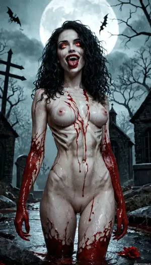 Adult pornstar, adult pornactress doing a porno scene, adult pornoactress in a porno scene, adult woman, (excessive petite, extremely gracil, Ultra skinny, petite body, skeletal body structure, visible ribs, blood-covered face, blood-soaked body, enormous amounts of blood, torrents of blood, blood splattered everywhere, blood dripping from mouth, blood smeared across skin, blood-soaked hear:1), (original, 1girl, nude, small rounded protruding breasts, original, 1girl, solo, vampire, monster girl, evil vampire, terrifying expression, predatory grin, extremely long fangs, open mouth, long tongue, glowing white eyes, pale skin, extremely skinny body, skeletal body structure, visible ribs, skeletal arm, skeletal hand, deep scars, numerous cuts, wounds, blood-covered face, blood-soaked body, enormous amounts of blood, torrents of blood, blood splattered everywhere, blood dripping from mouth, blood smeared across skin, blood-soaked hear grotesque horror, guro aesthetic, extreme gore, horrifying appearance, sinister atmosphere, gigantic mass of blood, pools of blood on the ground, blood-stained tombstones, scattered bones, exposed skeleton, skeletal remains, graveyard, ancient tombstones, dead trees, twisted branches, dense fog, dark storm clouds, heavy rain, rain-soaked skin, wet surface, pitch-black night, almost no ambient light, deep black shadows, oppressive darkness, eerie atmosphere, supernatural horror, terrifying presence, ominous lighting, faint moonlight through storm clouds, glowing eyes piercing the darkness, extremely long gigantic black hair, enormous volume of hair, wildly disheveled hair, tangled hair, soaked hair, windblown hair, hair spreading dramatically around the body, hair extending far below the waist, chaotic strands covering parts of the face, side view, standing, dynamic silhouette, horror movie atmosphere, nightmare fuel, disturbing imagery, dark fantasy, gothic horror, cinematic composition, high contrast, dramatic rim lighting, volumetric fog, rain streaks, wet reflections, grim atmosphere, abandoned cemetery, ancient graveyard, supernatural darkness:1)