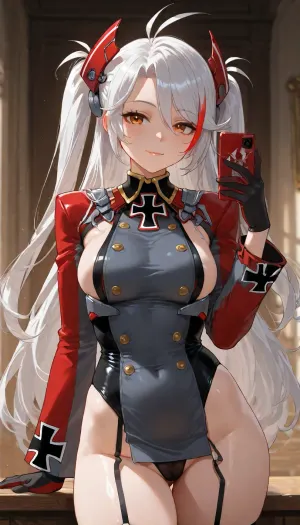 high quality semi-realistic anime render, 1girl, solo, flat tiny breasts, beauty girl, pubic hair, clitoris, she stay in fashion model pose, cozy girl bedroom.

a beautiful character with balanced proportions and well-made, Prinz Eugen from Azur Lane, she has orange eyes, long hair, white hair, streaked hair, two side up. Wearing iron cross, headgear, machinery, red long sleeves, gray double-breasted, gray sideboob, clothing cutout, black gloves, two tone gloves, the girl is cute, tiniest girl, with a little body that is significantly small, with an ultra short size, suitable for small and tiny anime characters, has tiny flat chest, ivory skin, eyes with heterochromia, very short red hair, spiked hair, twin braids, asymmetrical bangs, the girl is loving, soft smile, warm eyes, gentle posture, she is looking at phone.

-.
beautiful lake scenery, with a path and some beautiful trees around