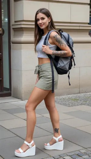 breathtaking 30 year old woman backpacking through Berlin in the summer of 1999, short miniskirt, cropped striped tank, white platfromwedges, wearing a backpack, downtown Berlin, photography of a woman, taken from a side-front angle. She has long, straight brown hair and goth-tattoos, looking frontal camera., smirk, amazing long tan legs, long, light natural makeup, and small subtle earring, ((beautiful detailed face)), intricate details, (best quality), (highly detailed), (ultra-realistic), in, (1999:1.2), Smiling small and confident