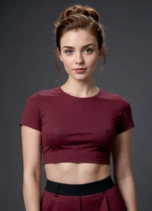 An image of a young woman with a medium complexion and chestnut-colored hair styled in a casual updo with loose strands around her face. She has a natural makeup look with defined eyes and a neutral lip color. She is wearing a fitted, cropped burgundy T-shirt with short sleeves and high-waisted black pants with distinctive button details. She stands confidently, with one hand on her hip and the other gently touching her pants. The lighting is soft and frontal, highlighting her features and the texture of her clothing against a muted dark background.


masterpiece, best quality, (extremely detailed CG:1.4), highly detailed faces, 4k, hd