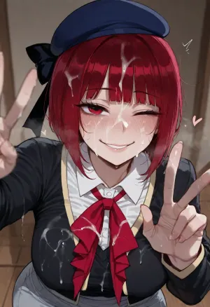 (ratatatat74), (Arima_Kana), peace sign, smile, wink, bukkake, covered in cum, excessive cum, selfie, <lora:ratatatat74-000050:2>