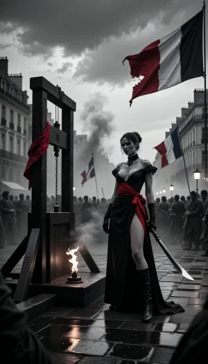 A cinematic historical scene set during the French Revolution at an execution square. A powerful, seductive female figure stands near a guillotine on a Paris square, confident and unbroken, her posture calm and defiant. Crowd silhouettes fade into mist, revolutionary banners and tricolor flags torn by wind. The scene is rendered mostly in black and white, with a single strong color contrast, deep crimson accents on the ribbon, flag details, and subtle reflections on the blade. Dramatic overcast sky, heavy clouds, smoke and dust in the air, torchlight flickering. High contrast chiaroscuro lighting, minimalist palette, strong symbolism, epic composition, cinematic depth, ultra-realistic textures, sharp focus, prestige historical mood, 4K quality.