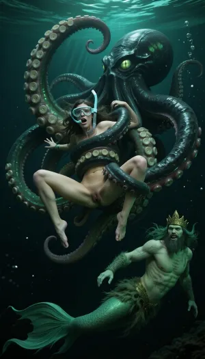 Extreme deep ocean environment, 1000 meters beneath the ocean surface, ultra photorealistic cinematic masterpiece, extremely dark low key underwater photography, deep olive green and emerald color grading, dramatic horizontal composition, frontal three quarter viewpoint, exactly three completely independent characters, a female snorkeler 28 years old, a gigantic ancient octopus and a mythical male King of the Seas, suspended within endless black green seawater, the ocean surface completely outside the frame, The female snorkeler dominates the upper foreground, her human body suspended horizontally, two anatomically correct human legs, transparent diving mask and snorkel, long hair streaming through the current, realistic skin dramatically darkened by cold greenish underwater illumination, eyes wide open in genuine terror, her entire body visibly strained against the overwhelming grip, Directly behind her emerges the colossal ancient octopus, enormous intelligent glowing eyes, massive muscular tentacles covered in almost black olive green skin with emerald reflections, four enormously powerful tentacles wrapping repeatedly around her four limbs, one tentacle tightly coiled around each arm from wrist to upper arm, one around each leg from ankle to thigh, thick muscular coils overlapping and tightening around her limbs, additional tentacles spiraling around her waist and shoulders, completely immobilizing her body, Extremely prominent realistic octopus suction cups, hundreds of individually detailed circular suckers arranged in two distinct rows along the inner surfaces of every tentacle, pale greenish rims contrasting against dark muscular skin, numerous suction cups visibly adhering directly to her arms, legs and torso, their flexible rims pressed flat against her skin, creating realistic circular indentations and subtle localized skin deformation from powerful suction, clearly visible physical attachment at every contact point, extraordinary tactile realism, overwhelming muscular tension, complete physical restraint, The mythical King of the Seas floats independently in the lower right foreground, clearly separated by open water, masculine greenish torso, broad shoulders, long dark green hair, thick algae covered beard, golden crown, magnificent emerald green fishtail extending diagonally downward, mysterious confident smile, Dramatic artificial deep sea illumination, turquoise bioluminescence, profound black shadows, drifting microscopic particles, razor sharp focus on suction cups, tentacle coils and terrified facial expression, realistic underwater physics, intense local contrast, cinematic depth, subtle analog grain