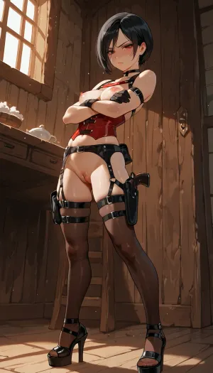 ada wong, re4r, medium breast, nipples, solo, manicure, petite build, calm and focused, (young:1.5), a dilapidated hut, semi-darkness, gray tones, red corset, crossed her arms over her stomach, high platform heels, stockings, harness, irritation, discomfort, suffers, anus, standing, holster, pouch, gloves, pistol