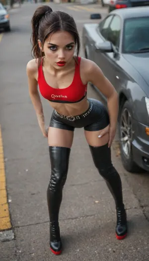 (above view:1.5), (full body view:1.7), girl, european girl, flat, chested, black ponytail with straight bangs, (looks young:1.8), skinny, (glossy red lipstick:1.3), (thigh high boots:1.5), bimbo makeup, studded belt, boots, on a street, close up, breasts, hips, narrow, waist, (thick thighs:1.4), (round bubble butt:1.5), lips, 4ng3l, face, (bent over a car:1.4), (arlequin leggings:1.6), (slim waist), beautiful face, tan skin, (arlequin sports bras:1.6), (narrow waist:1.6), bottomheavy, big, ass, huge, gigantic, thick, thighs, massive, <lora:BodyLicious:2>, <lora:flat_chested_v3.5:1.8>, <lora:bottomheavy_v1_sdxl_LoRA:.8>, <lora:RMSDXL_Photo:.8>
