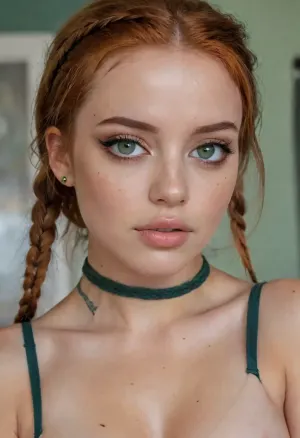 Woman, One, 20 Years old, Latina, Dutch, Italian, Skinny, Colored tattoos, Small breasts, Skinny thighs, Small ass, Makeup, Long eyelashes, Busty lips, Big eyes, Beauty face, Cute face, Ginger hair, Braided hair, Green eye color, Naked, Choker, green, eyes, blue, brown, perfecteyes, detailxl, 4ng3l, face, <lora:PerfectEyesXL:.5>, <lora:SDXL_BetterFaces-LoRA_v1:.5>
