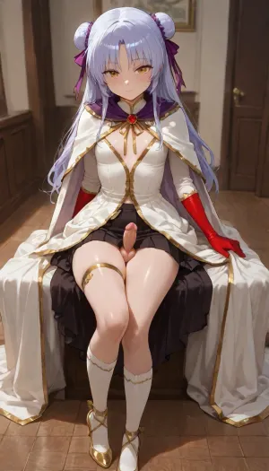 high quality semi-realistic anime render, 1girl, solo, perfect breasts, beauty girl, pubic hair, her tiny penis, testicles, she stay in fashion model pose, cozy girl bedroom.

a beautiful character with balanced proportions and well-made, Tachibana Kanade from Angel Beats, she has yellow eyes, white long hair, flat chest. Wearing school uniform, beige blazer with long sleeves, a yellow string neck ribbon with a red gem in the center, black miniskirt, white kneehighs, the girl has ivory skin, medium auburn hair, spiked hair, double buns, arched bangs, the girl is confident, upright posture, steady gaze, slight smile, she is looking at self, is wearing bronze high-low dress, high-low hemline in front, floor-length in back, paired with black harem pants, loose-fitting pants with a dropped crotch and tapered legs, gathered at the ankles, and ruby knee length socks, golden pumps on the feet, scarlet lace gloves, dark purple hair accessory, and pink violet locket, also cream cape. Her fly is unzipped, and a tiny penis is sticking out.