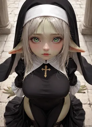 shortstack female goblin, soft platinum hair styled in a messy bob, shimmering gold eyes, pale green skin, high angle view, sexy black and white nun catholic dress, ((sexy black and white priestess dress)), black short dress, wide-hips, goblin ears, goblin pale-green color skin, big breast, thigh thick, StackedShortstack, punishnun, <lora:Stacked_Shortstacks_-_SDXL-000009:2>, <lora:punishnun_XL_reg1_-000003:1.5>