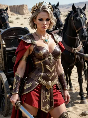 Ancient Roman Queen, woman, 39yo, short messy blonde hair, short wavy hair, heavy dark gothic makeup, beautiful face, wearing detailed fancy brown armor decorated with gold laurels and Raman symbols, red cape, wearing a golden laurel wreath around her head, fancy antique golden jewelry rings, necklaces and earrings, holding shortsword, standing by a dark oak war chariot, roman style, pulled by 4 large black wild horses, ancient desert fantasy battlefield background