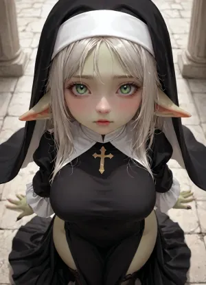 shortstack female goblin, soft platinum hair styled in a messy bob, shimmering gold eyes, pale green skin, high angle view, sexy black and white nun catholic dress, ((sexy black and white priestess dress)), black short dress, wide-hips, goblin ears, goblin pale-green color skin, big breast, thigh thick, StackedShortstack, punishnun, <lora:Stacked_Shortstacks_-_SDXL-000009:2>, <lora:punishnun_XL_reg1_-000003:1.5>